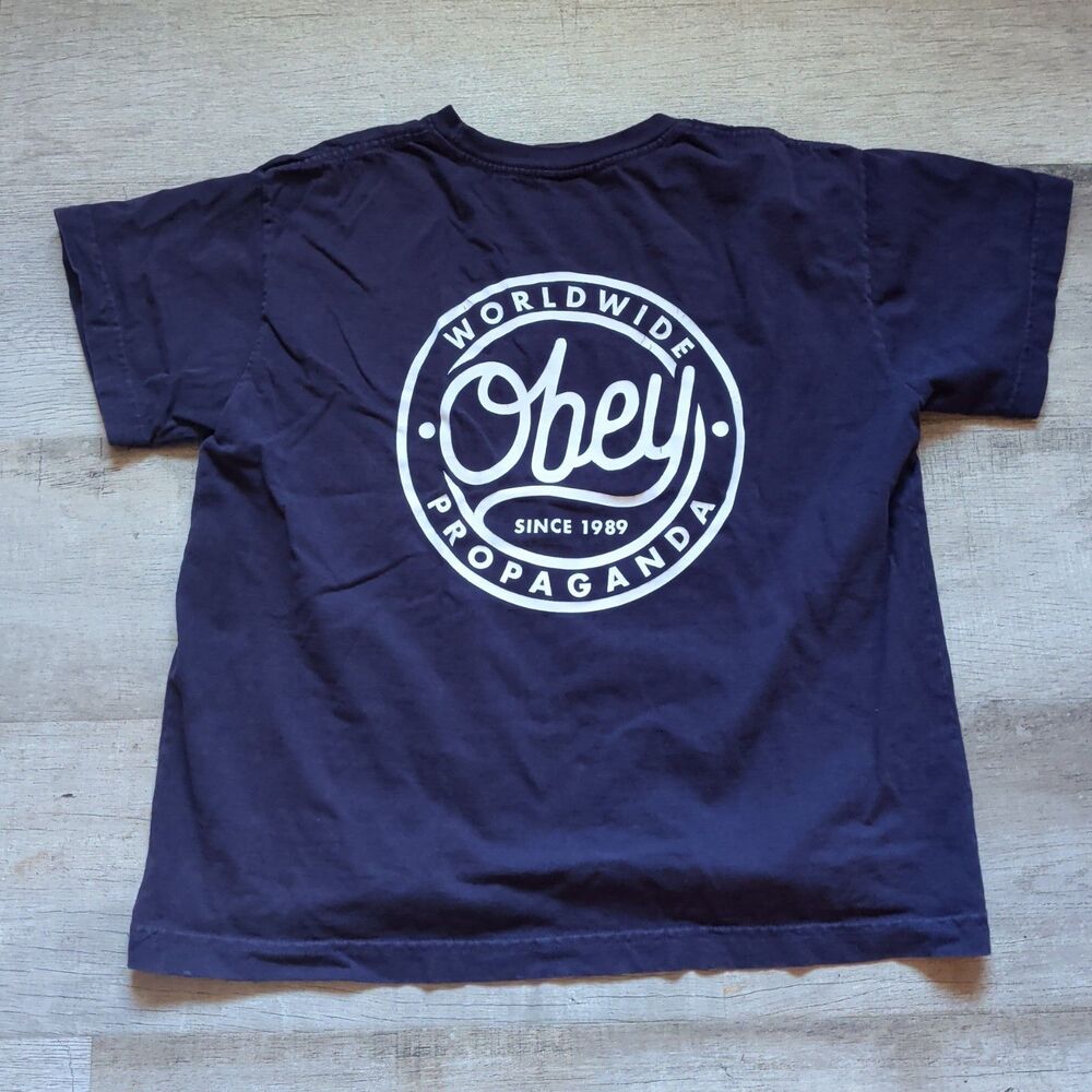 OBEY Worldwide Propaganda Graphic T-Shirt Mens L Purple Made in USA Skate